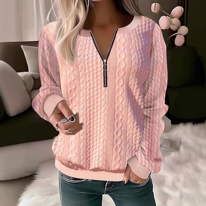 Women's Round Neck Blouse Quarter Zip Textured Knit Long Sleeve Pullover Sweatshrit