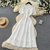 Elegant Summer Midi Dress for Women O-Neck High Waist Solid Spliced Lace with Embroidered Flowers Long Dress New Fashion