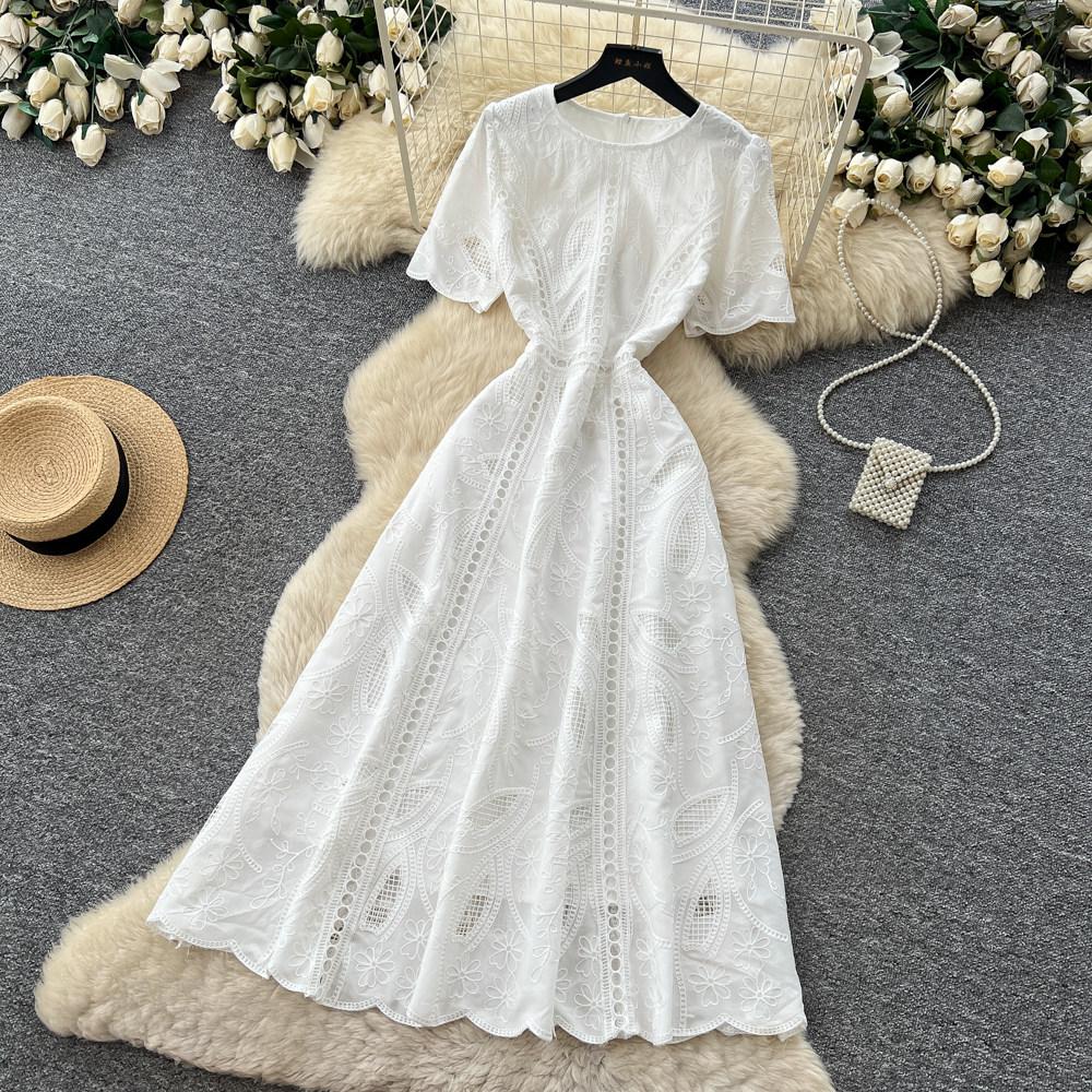 Elegant Summer Midi Dress for Women O-Neck High Waist Solid Spliced Lace with Embroidered Flowers Long Dress New Fashion