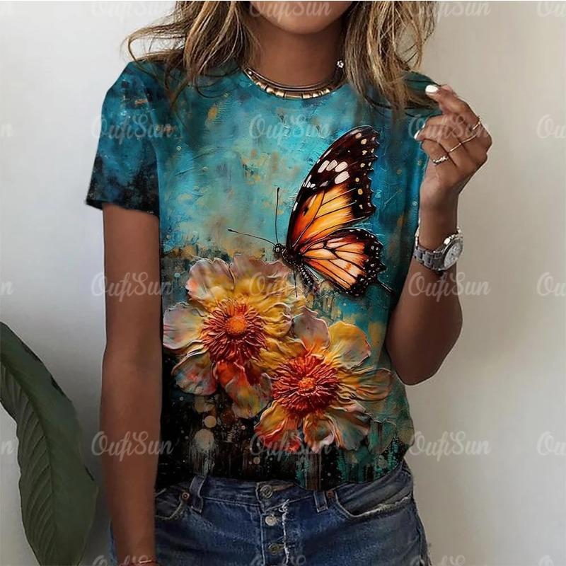 Summer Round Neck Butterfly Pattern Printed Top Fashionable Casual Short Sleeved Women's T-shirts