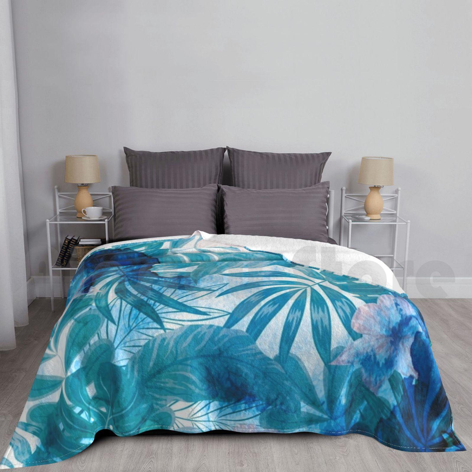 Indigo Tropical Leaves Blanket Fashion Custom Tropical Indigo Leaves Blue Leaf Nature Green Pattern Summer Size: 75*100cm, Weight: 230 GSM