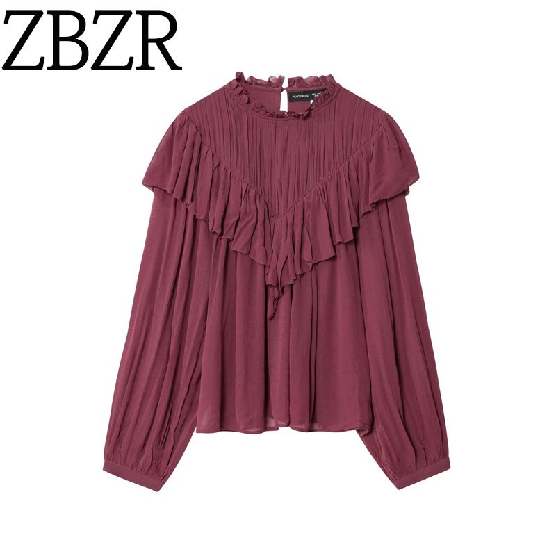 Zbzr Spring New Women Clothes Western Style Fashion Laminated Frill Decorative Round Neck Long Sleeve Shirts 1304737