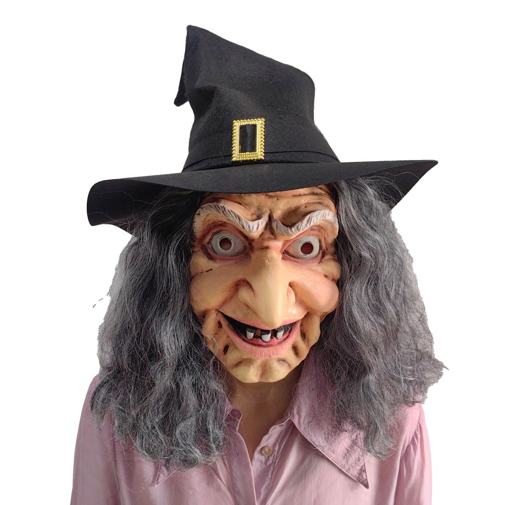 

Witch With Hat Mask Cosplay Sorceress Old Nana Grandma Witches Latex Helmet Halloween Carnival Dress Up Party Costume Props