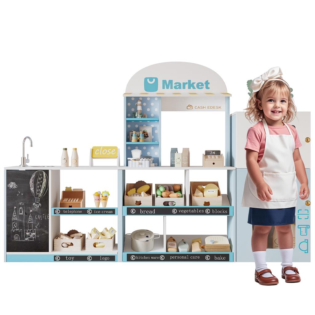 Loja de Brinquedo para Crianças, Brinquedo Educativo para Crianças a partir de 3 Anos, Madeira + Plástico, Azul, 30x155x