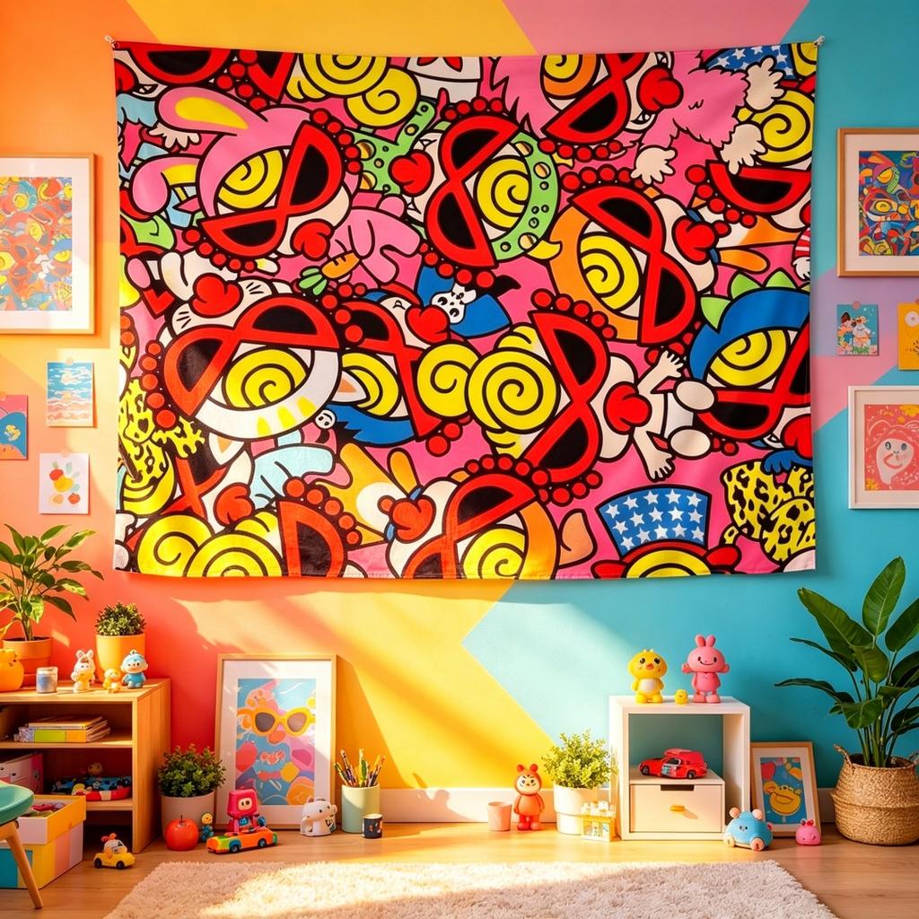 1 Pc Hyper Colorful Cartoon Tapestry Hysteric Mini Style Wall Hang Backdrop Cloth For Living Room Bedroom Bold Streetwear Decor