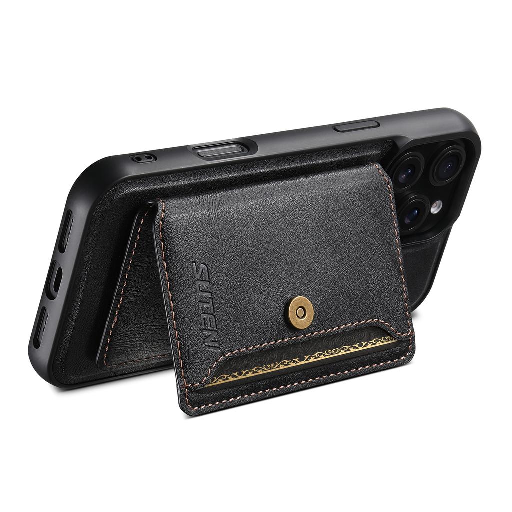 SUTENI M4 For iPhone 16 Pro Magnetic Case with Card Holder Cowhide Texture Leather Back Cover