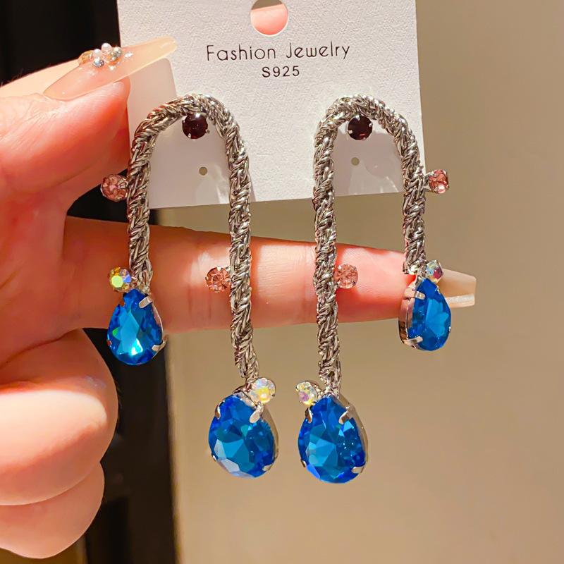 Retro Silver Needle Zircon Glass Water Drop Earrings Court Temperament Stud Earrings Personality Trend Versatile Earrings Women