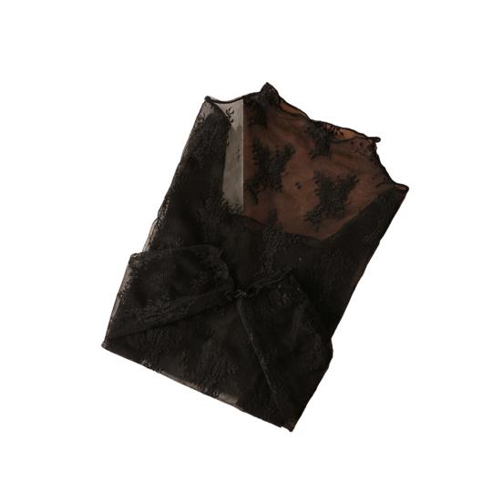 Women Lace Shirt Half High Collar Long Sleeve See-through Embroidery Lace Flower Pattern Tops Sexy Bottom Tops