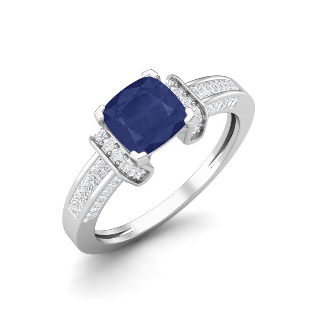 2.03 Cts Cushion Blue Sapphire Art Deco Shank 925 Sterling Silver Women Wedding Ring