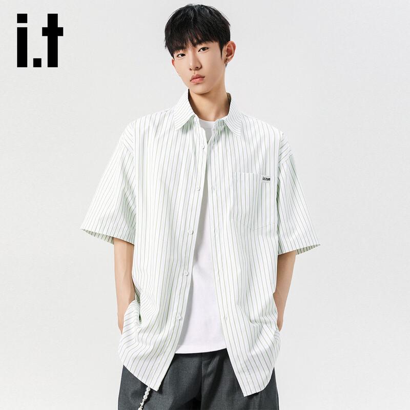 Izzueit Men s Vertical Striped Short Sleeve Casual Shirt L