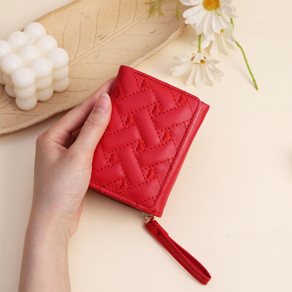 1Pc Fashi Embroidered Heart-Shaped Short Wallet, Heart Pattern Stitch Detail Coin Purse, Daily PU Leather Zipper Small Wallet