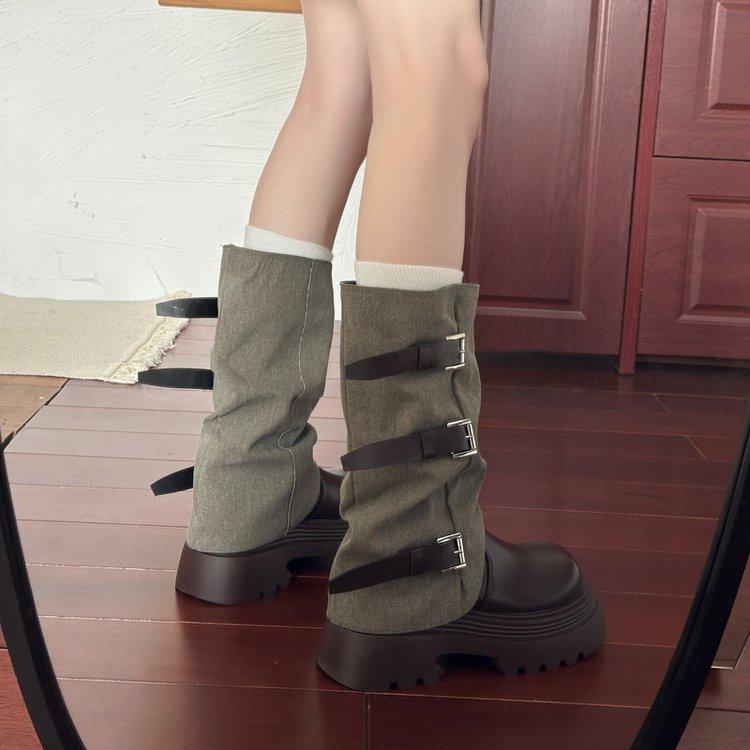 

European big head mango head cowboy pile boots tube boots thick-soled muffin catwalk locomotive boots short boots Martin boots women 39