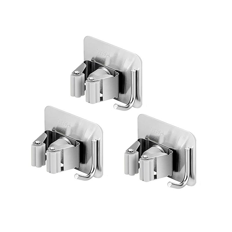 304 Stainless Steel Mop Holder Wall Mounted Adhesive Multi-Purpose Hooks Household Storage Organizer Rack Broom Hanger Stick