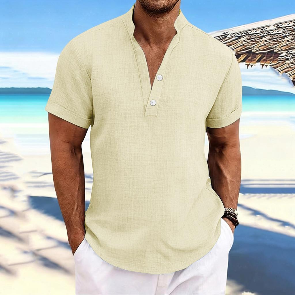 Men's Stand-up Collar, Half-open Jacket, Linen Short-sleeved Shirt