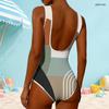 Women Plus Size High Round Neck Sleeveless Striped Printed One Piece Swimsuit Pink White Grey