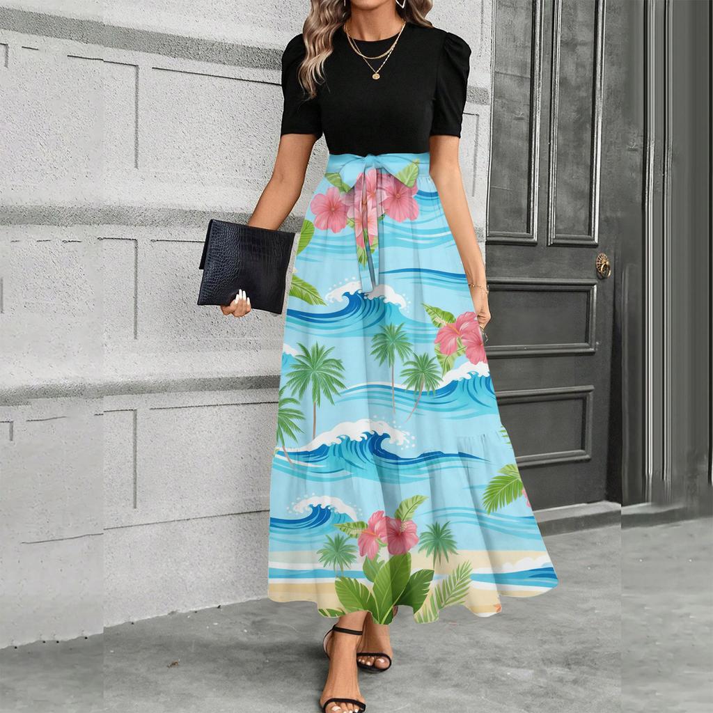 Short Sleeve Women's Dress Casual Flowy A-Line Midi Tshirt Dresses With Pockets Crewneck Vocation Boho Beach Sundress