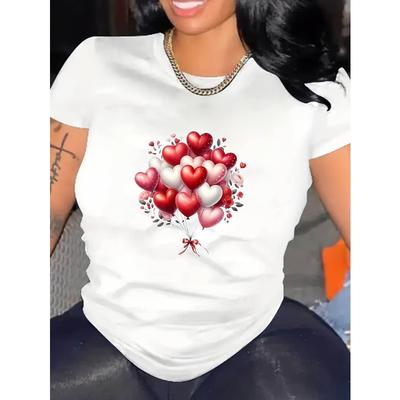 Casual Valentine'S Day Women'S T-Shirt with Heart Balloon Print - Short Sleeves, Stretchy Round Neck, Machine Washable, & Elastane Blend,