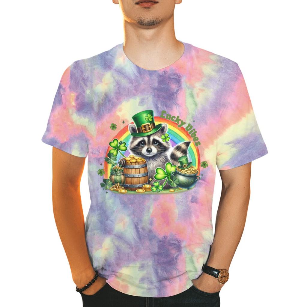 St Patricks Day Raccoon Shirt Lucky Vibes Short Sleeve Round Neck Tee Cartoon Lucky Raccoon St Patricks Day Unisex TShirt