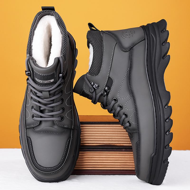

2024 winter new men s high-top cotton shoes men s casual lace-up warm leather snow boots men s boots 8811 44 сірий колір