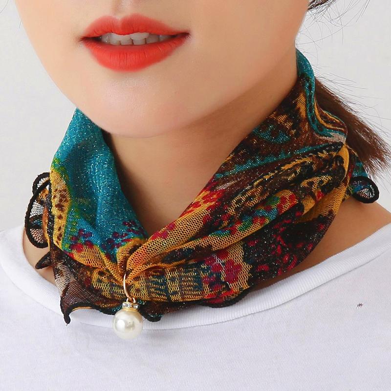Fake Pearl Pendant Organza Neck Collar Chiffon Scarves Lace Pearls Scarf Fashion Print Shiny Variety Scarf Clothing Accessories