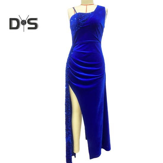 Women Sling Sequins Long Dress Elegant Sexy One Shoulder Sequins Patchwork Sleeveless Shirring Gown Dress High Split Maxi Party Dress
