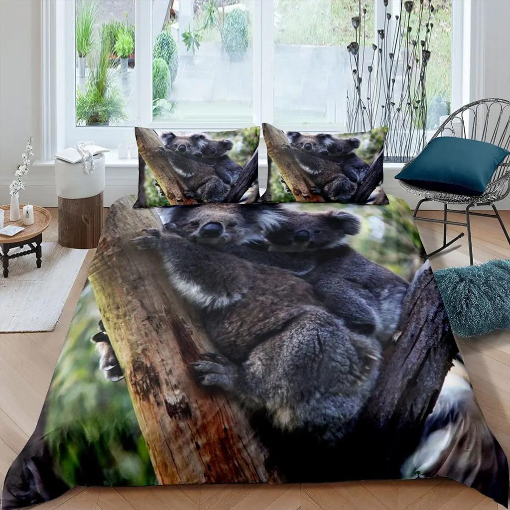 Koala-Bettwäsche-Set für Kinder, niedliches Tiermuster, Jungen und Mädchen, Regenbogen-Schmetterlings-Bettbezug, Blumenmuster