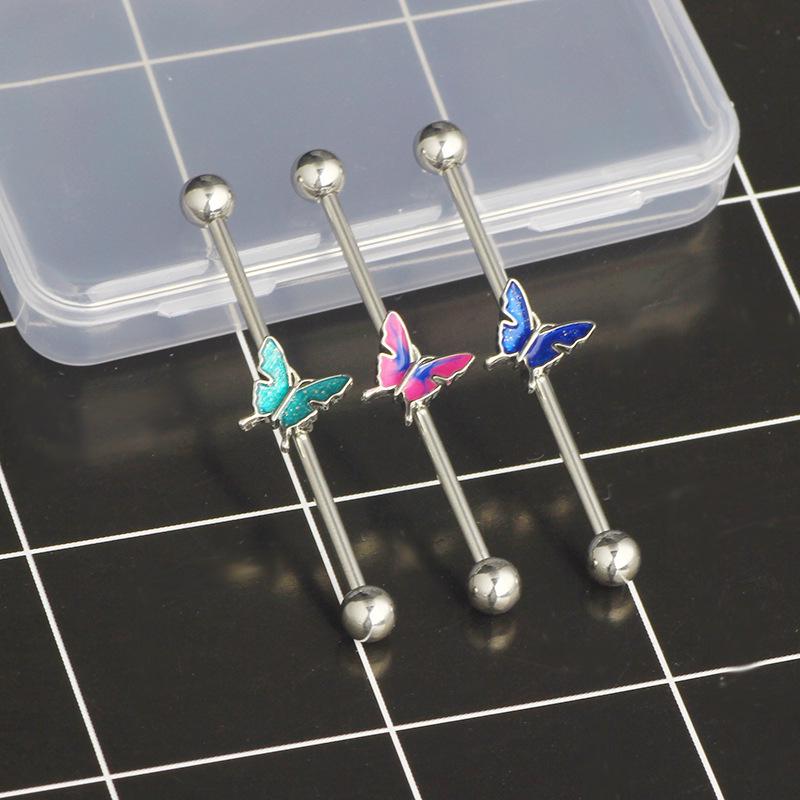 14g Industrial Barbell Pearl & Butterfly Stud Earrings with External Thread for Double Earlobe and Ear Bridge Piercing