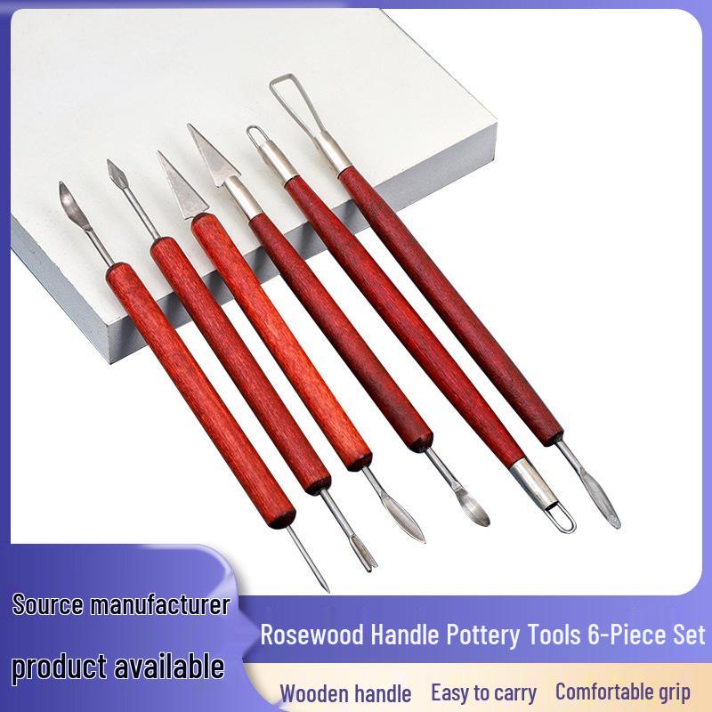 Six-Piece Rosewood Pottery Polymer Clay Shaping Tool Set - Fingerprint-Free