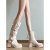 2026 Removable Long Boots Women's Apricot Round Head Waterproof Platform Thick Heel Belt Buckle Western Cowboy Boots