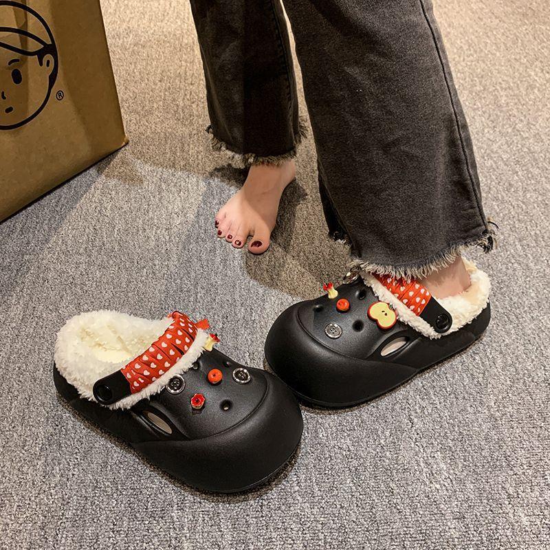 Wear-resistant warm cotton slippers versatile and cute Apple indoor fluffy slippers 2025 winter new fashionable thick bottom non-slip