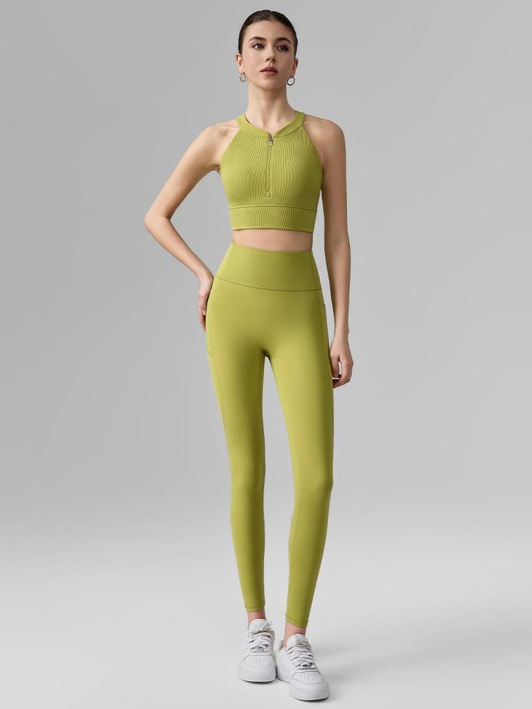 Women's High-Intensity Yoga Set: Zipper Sports Bra & Mesh Leggings with Pocket