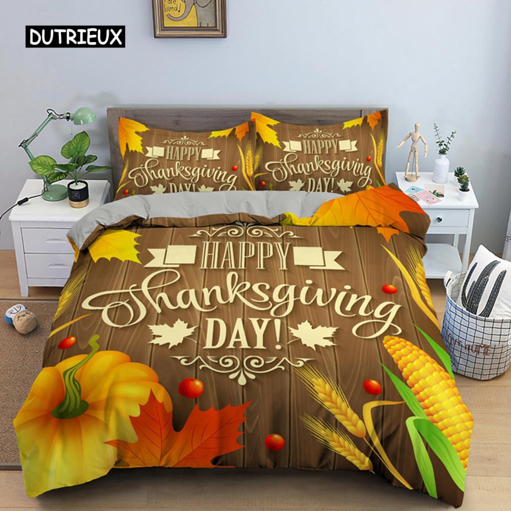Autumn Thanksgiving Day Duvet Cover King Queen Cartoon Orange Pumpkin Turkey Bedding Set Maple Leaves Soft Polyester Quilt Cover