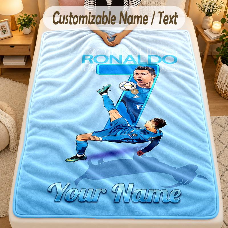 Flannel BlanketCristiano Ronaldo Custom Name Text Personalized Soft Warm Throw Blanket Home Decor Gift