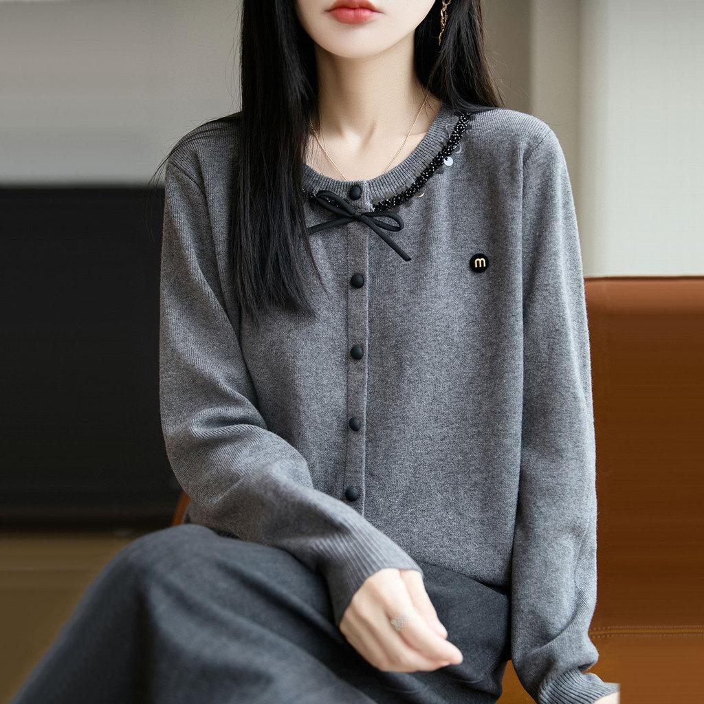 Womens Knit Cardigan With Sequins And Bow Decorations For Autumn Casual Wear