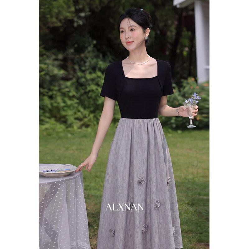Luxiangnan Women s Summer Fake Two-Piece French Long Dress L
