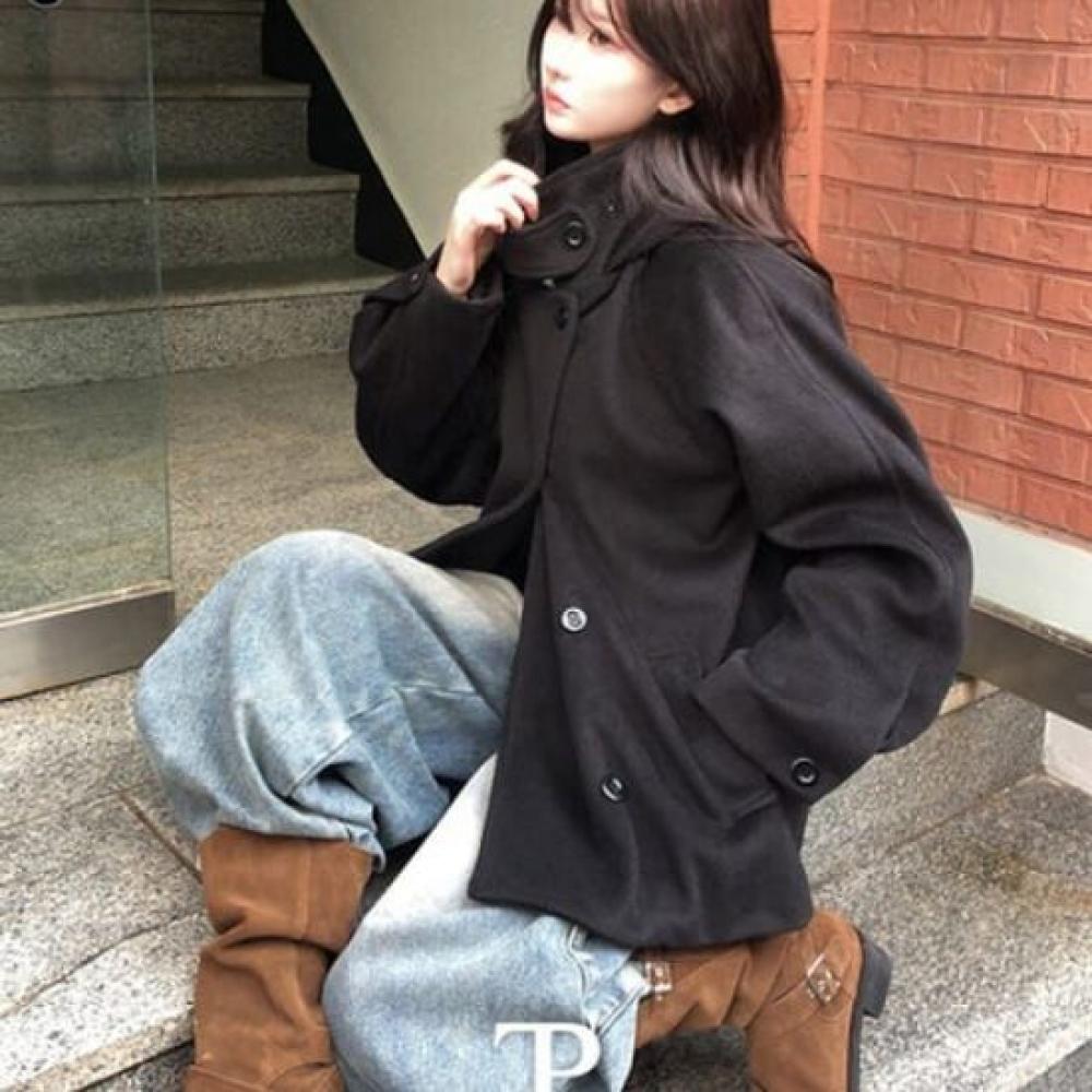 The Pink Loose Fit High Neck Double Button Hooded Half Wool Coat