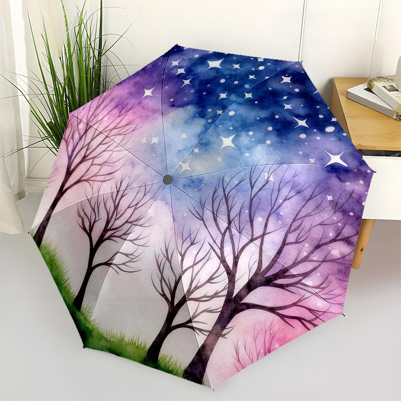 1pc night sky trees Automatic Folding Umbrella, Heavy Duty 8 Rib Iron Frame,  Suitable for Travel, Daily Use, Birthday, Decor Gift  04