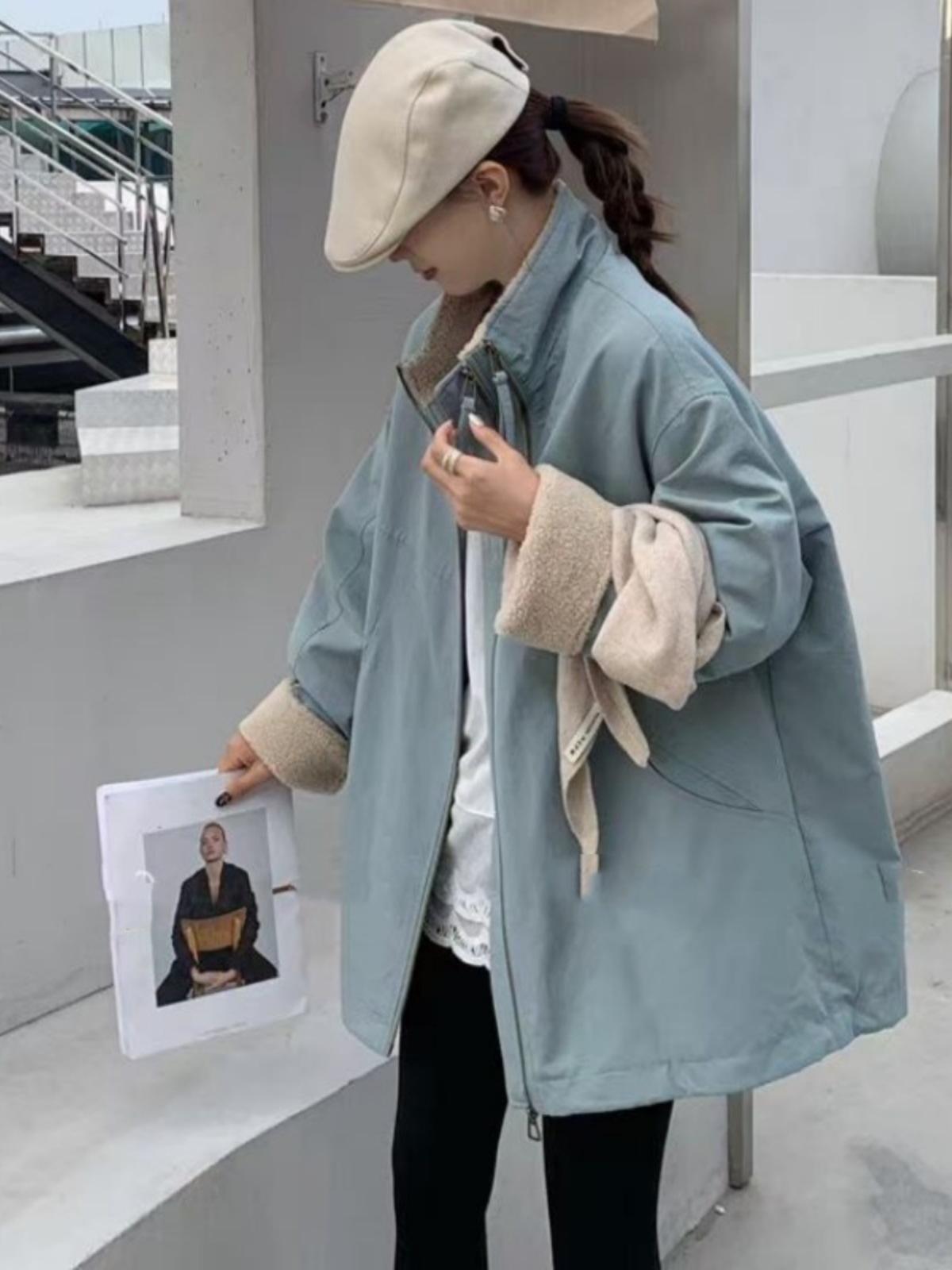 

Среднее и длинное бархатное пальто-пирожок со стойкой, женское пальто 2025 осень и зима, на двойной молнии, из овечьей шерсти, свободная хлопковая одежда M 85-120 синий