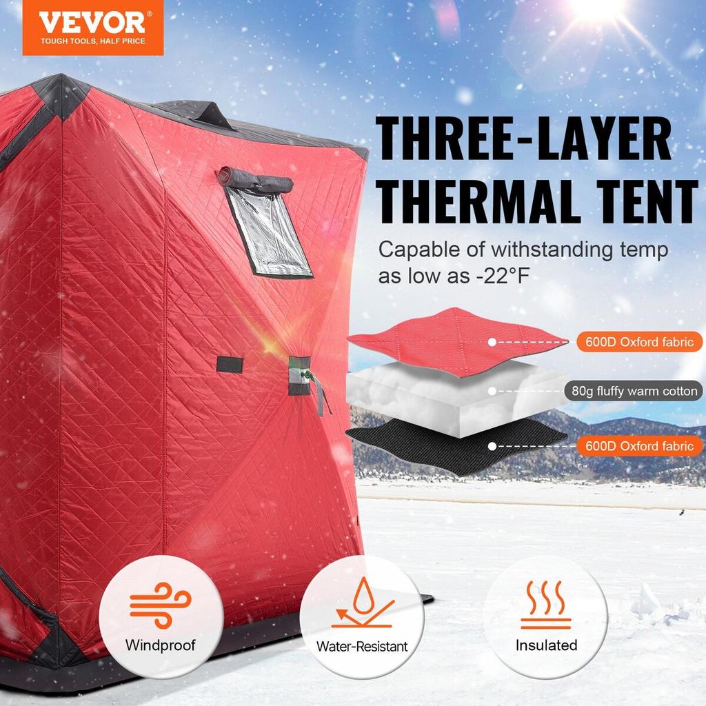 Portable Ice Shelter, 3-4 Person Insulated Pop-Up Ice Fishing Tent, 35 Square Feet Fishable Area, Thermal Ice Shanty for Winter Fishing, Ice Cube with