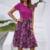 European and American Fashion Trend Temperament Round Neck Short Sleeve Waist Flower Print Medium and Long Dress