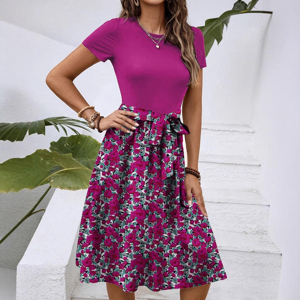 European and American Fashion Trend Temperament Round Neck Short Sleeve Waist Flower Print Medium and Long Dress