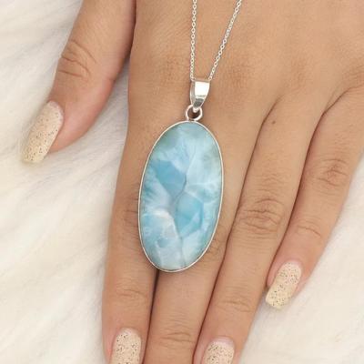 Natural Larimar Gemstone Pendant Necklace, 925 Sterling Silver, Handmade Jewelry, Big Oval Stone, Reiki Pendant, Gift For Her