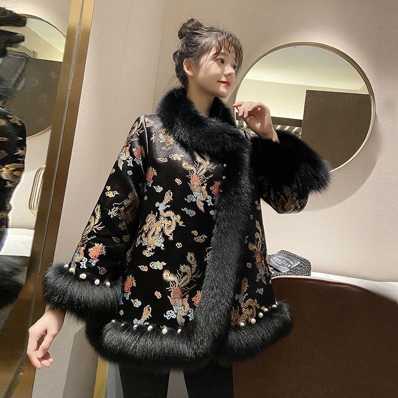 Women's Chinese-style Long Imitation Fox Fur Coat with Satin and Beaded Cape  Winter