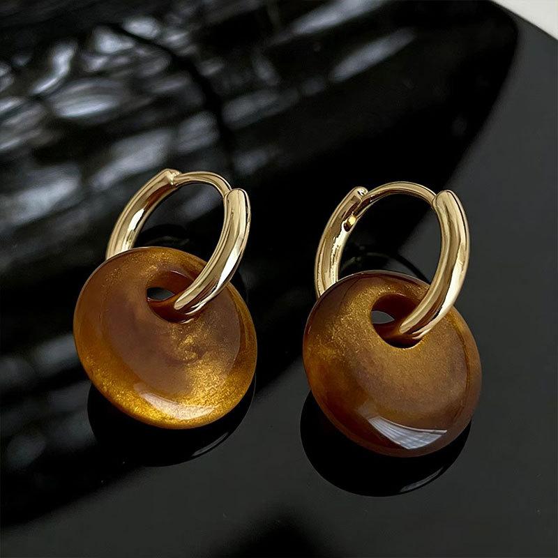 

2026 Round Tiger Eye Stone Pendant Hanging Earrings for Women Geometric Gold Color Ear Buckle Trendy Jewelry Accessories