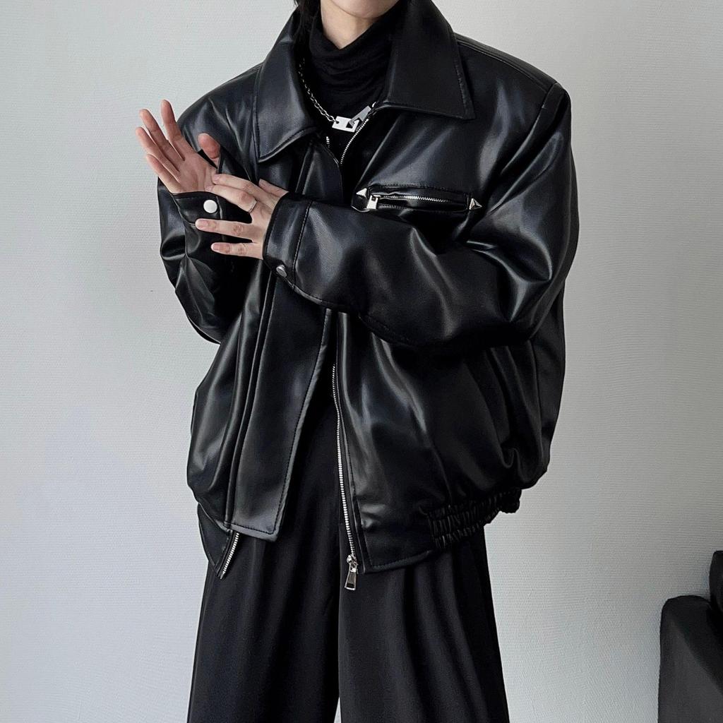 Men's American-Style PU Leather Jacket - Spring/Autumn British Rake, Elegant Motorcycle Silhouette, High-End Workwear Trend.