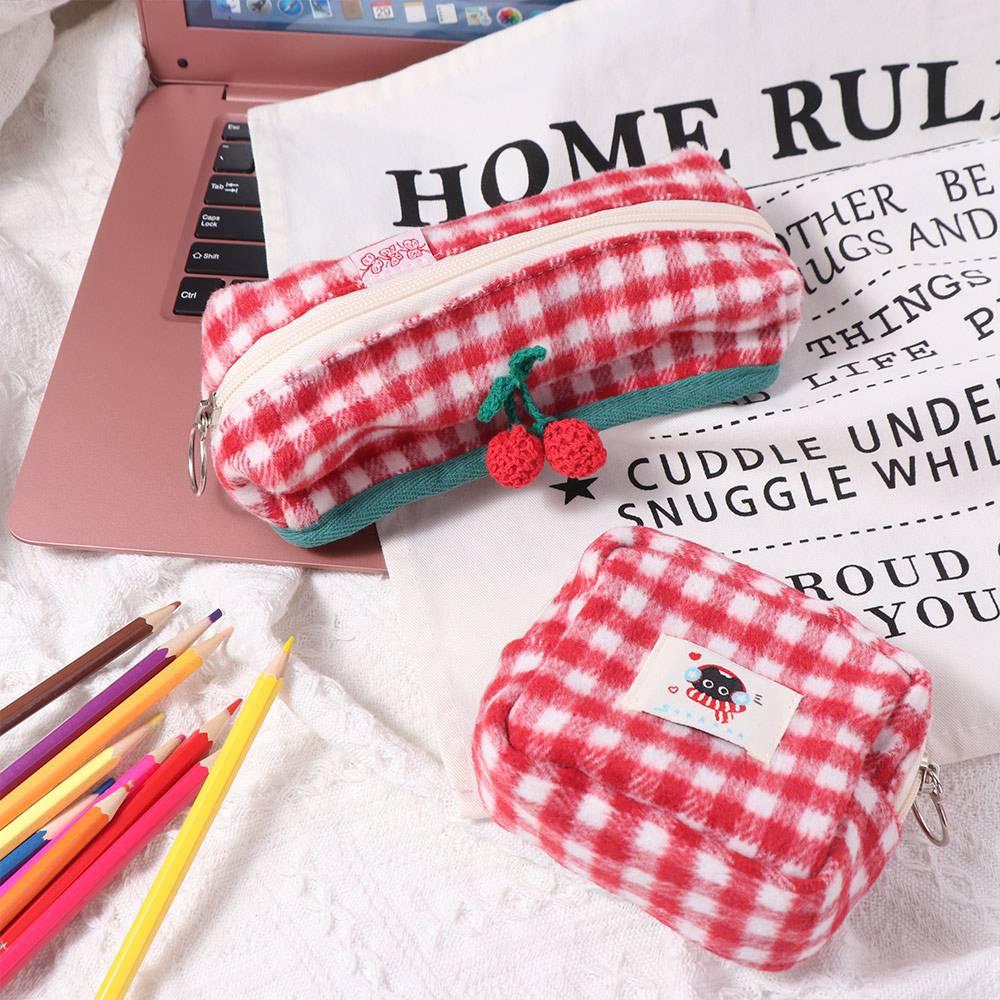 Cute Plaid Pencil Case Sweet Cosmetics Zipper Bag Kawaii Travel Toiletry Pockets  Travel