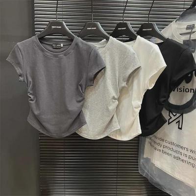 Damski letni T-shirt z prostymi ramionami - Krótki rękaw, 92% bawełna, 8% spandex, styl koreański