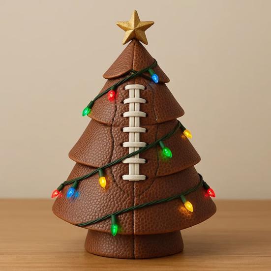Sports Ball Inspired Christmas Tree Figurine Handcrafted Faux Leather Tree Shaped Tabletop Decoration with Golden Star Topper for Holiday Home Decor