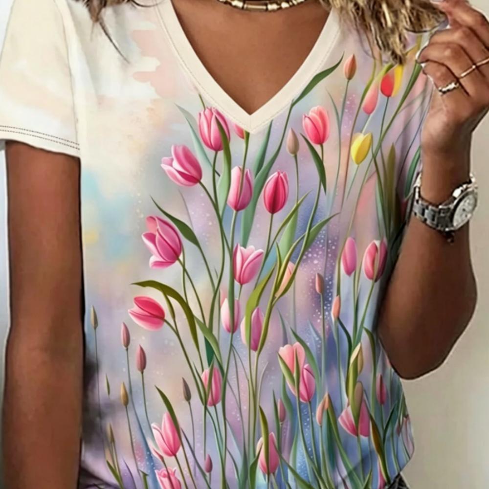 Summer Women's 3D Printed V-Neck T-Shirt Fashion Versatile Breathable Trend Casual