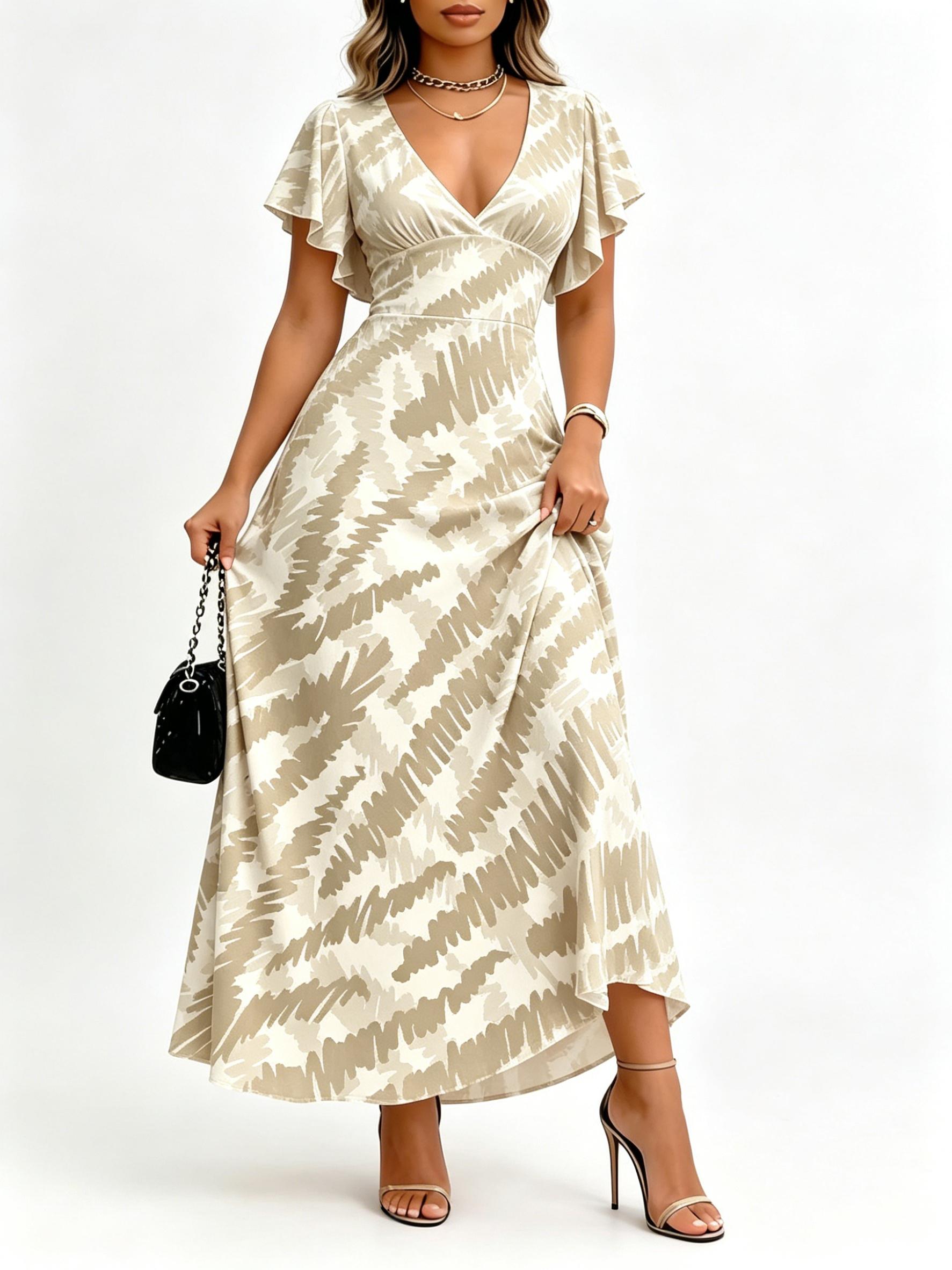 Women s Beige Tie-Dye Print V Neck Flutter Sleeve A-Line Maxi Dress Casual Dress XS